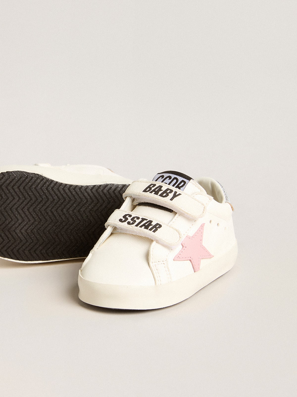 Baby Old School with pink leather star and silver leather heel tab