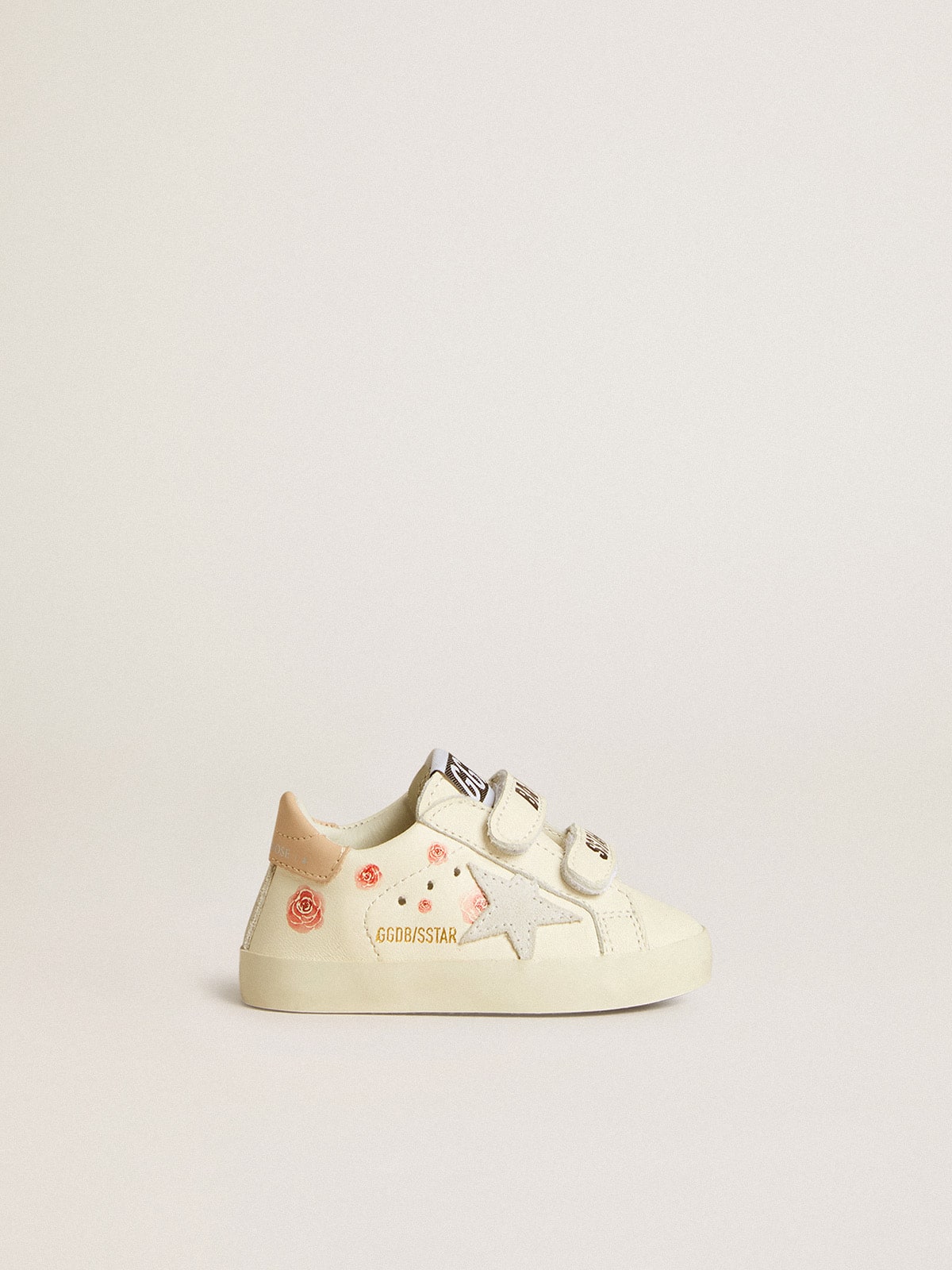 Baby School in nappa leather with pink rose motif and white suede star