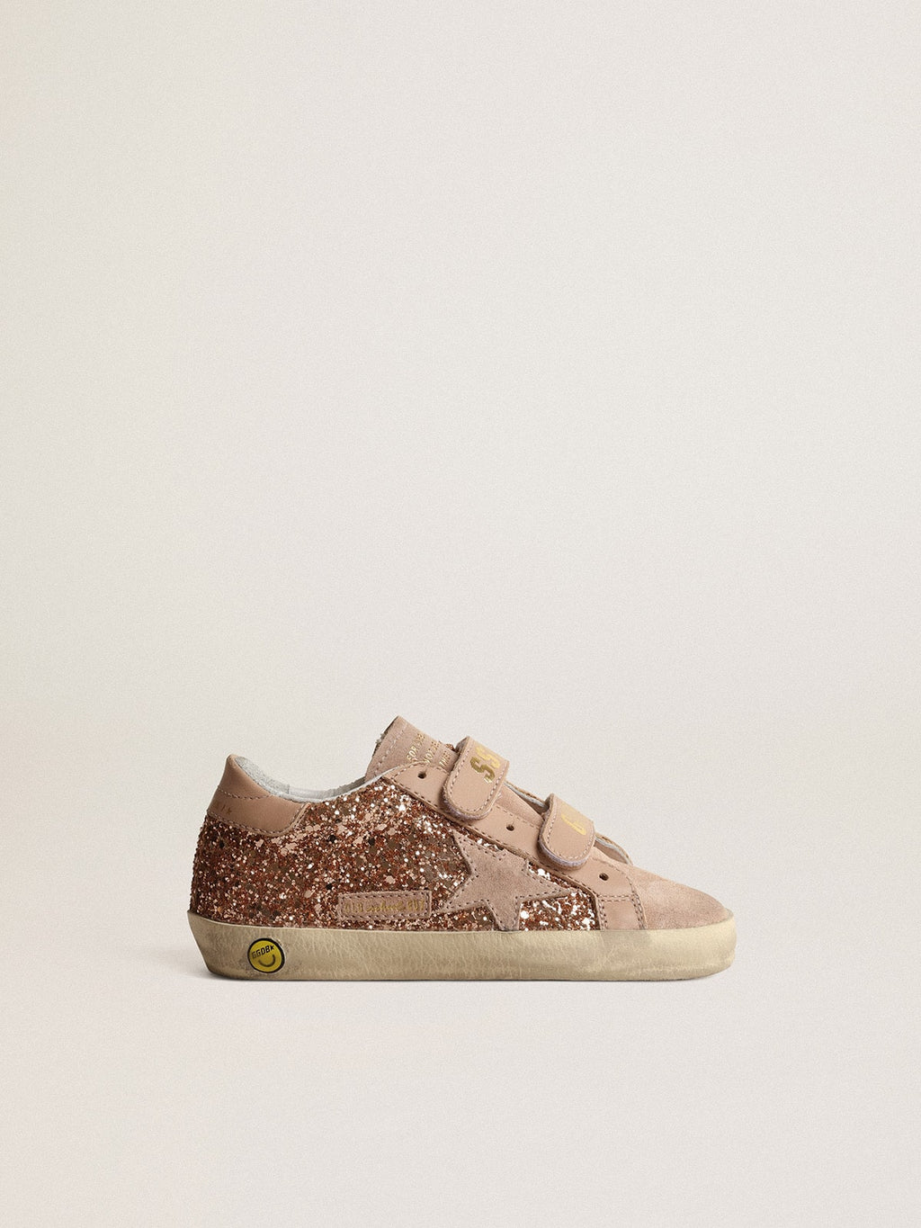 Old School Junior in peach-pink glitter with pink suede star