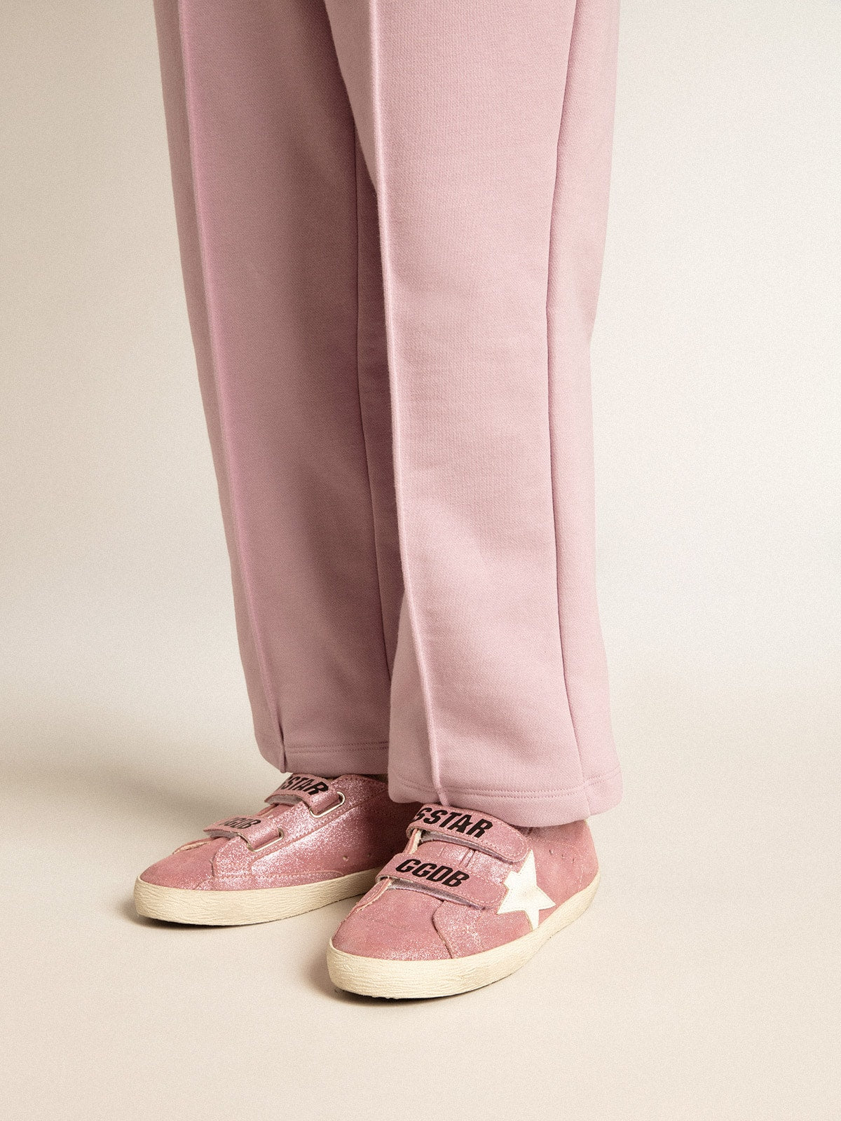 Junior Old School in metallic pink suede with white leather star and heel tab