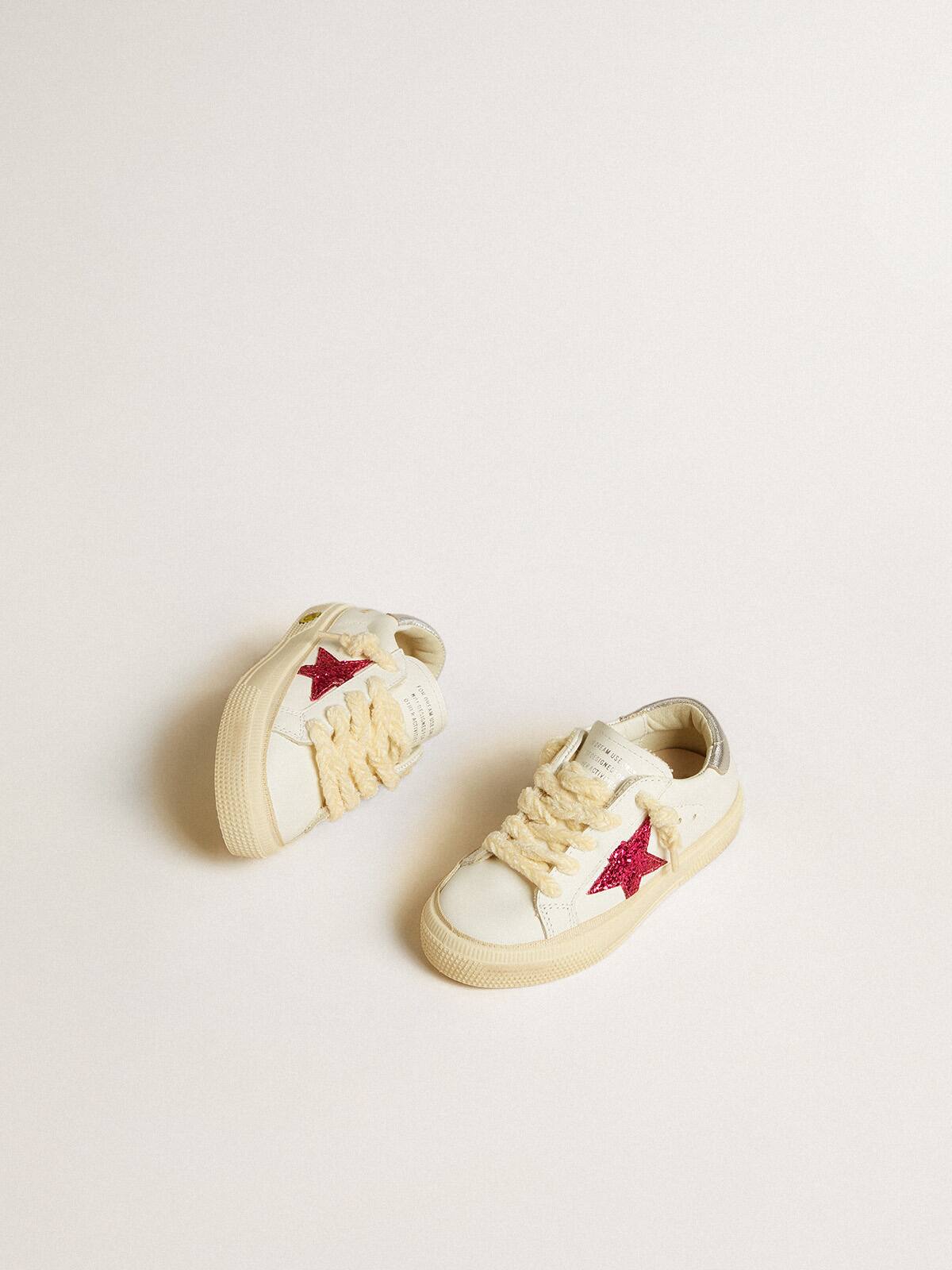 May Junior with fuchsia glitter star and metallic leather heel tab