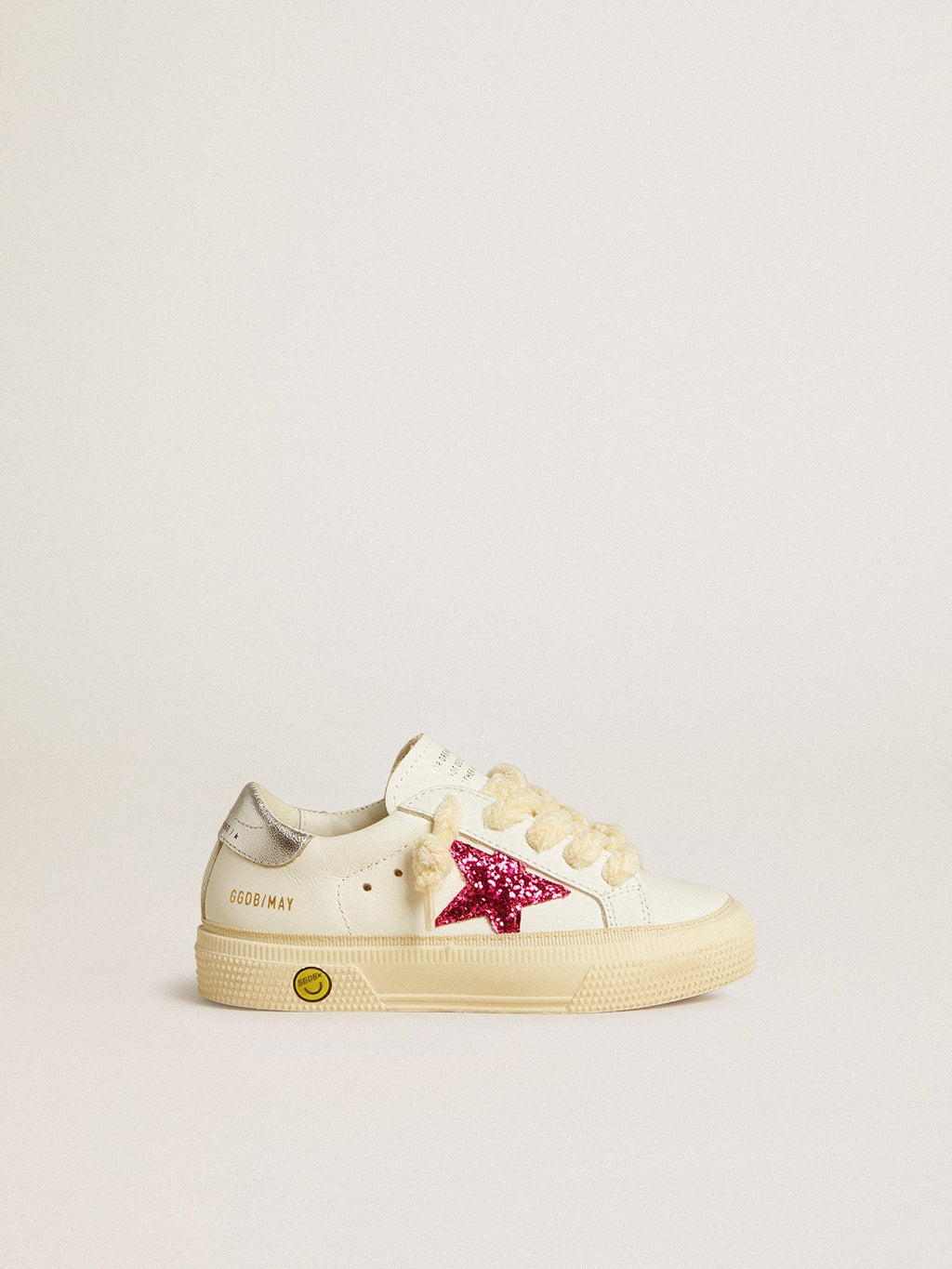 May Junior with fuchsia glitter star and metallic leather heel tab