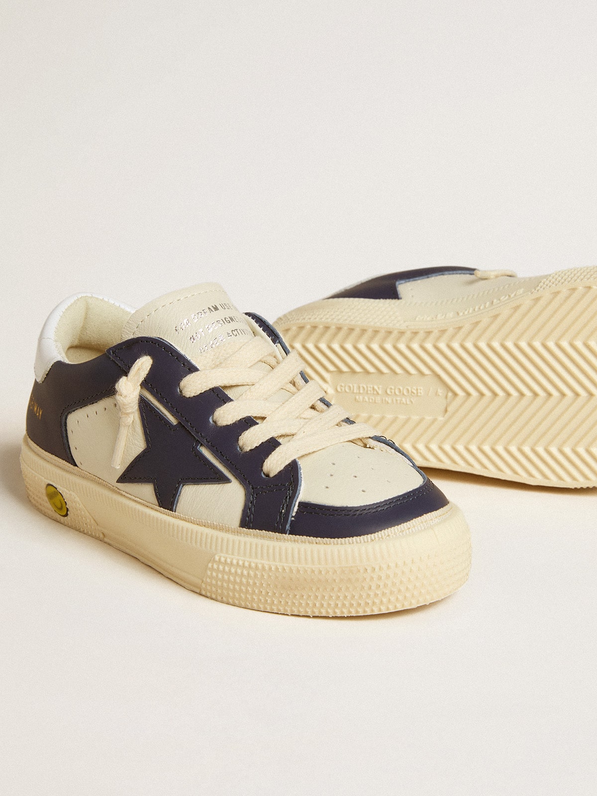 May Junior in white and blue leather with leather star and heel tab
