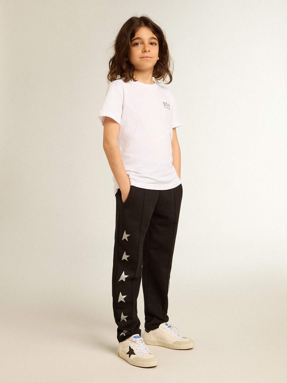 White T-shirt with contrasting silver logo on the front