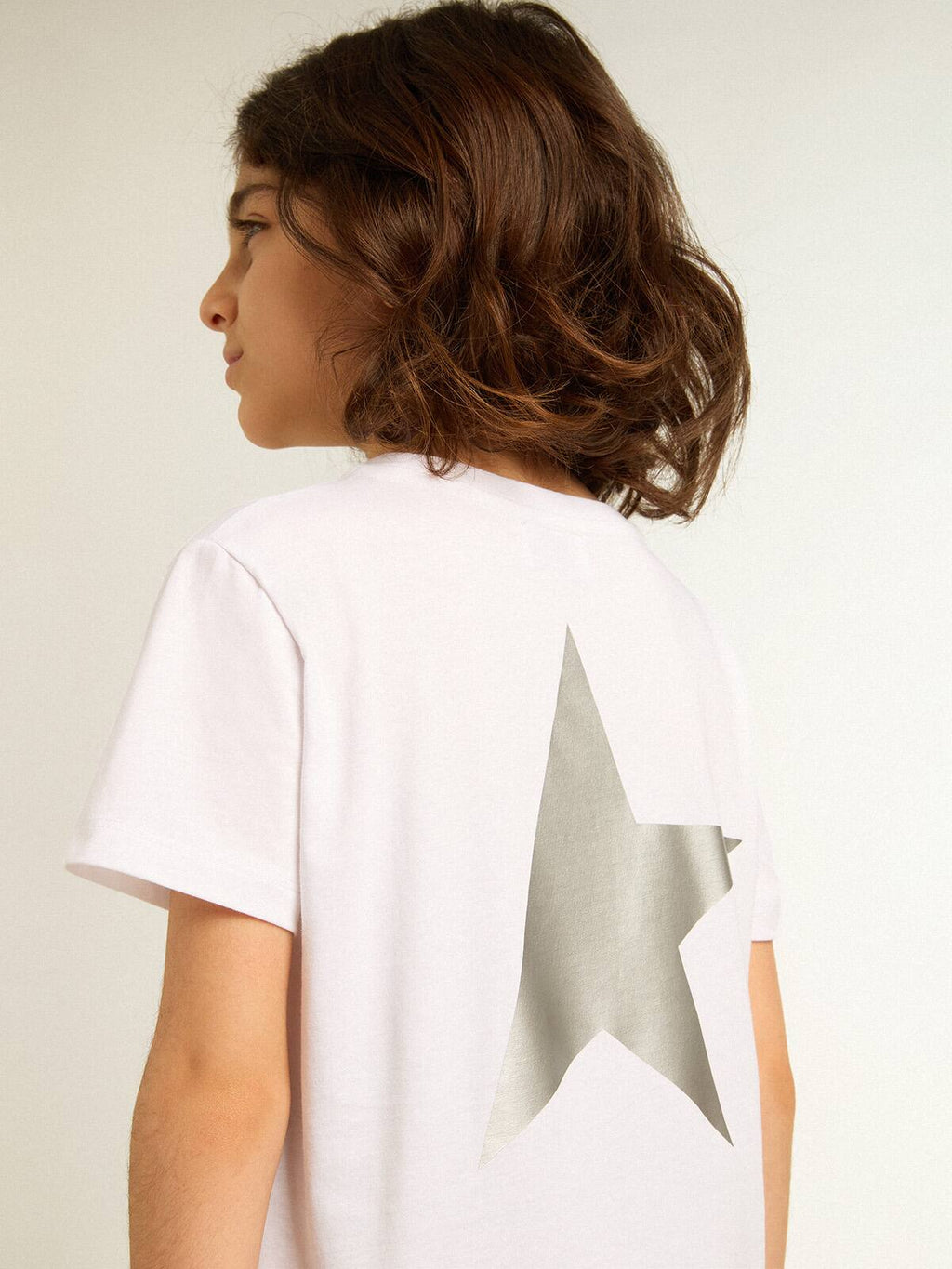 White T-shirt with contrasting silver logo on the front