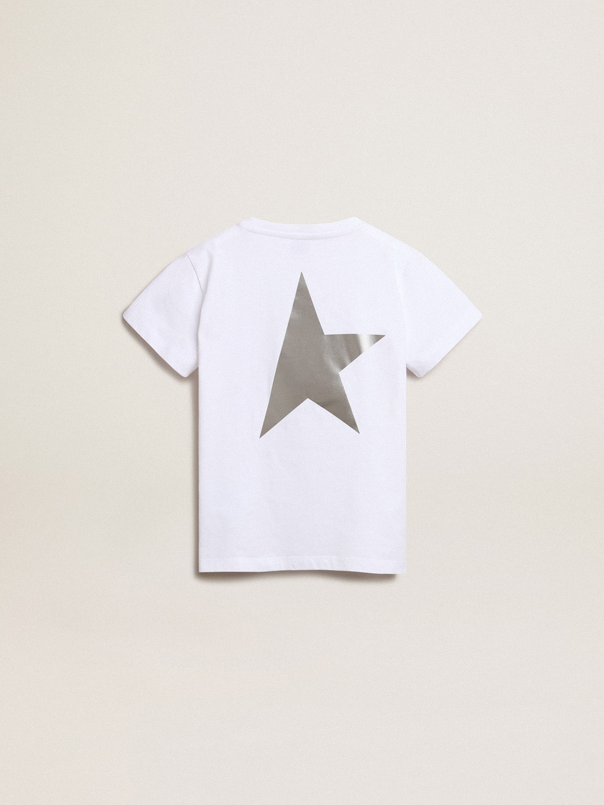 White T-shirt with contrasting silver logo on the front
