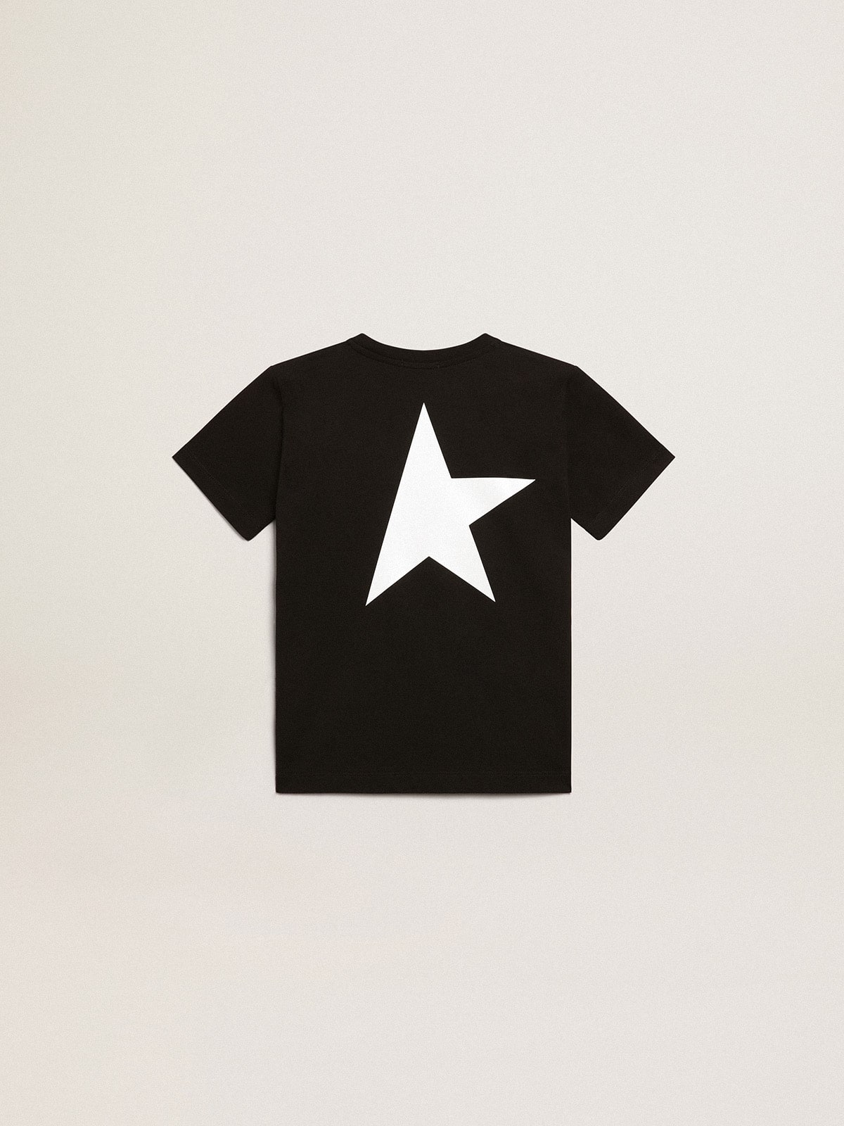 Black T-shirt with contrasting white logo on the front and maxi star on the back