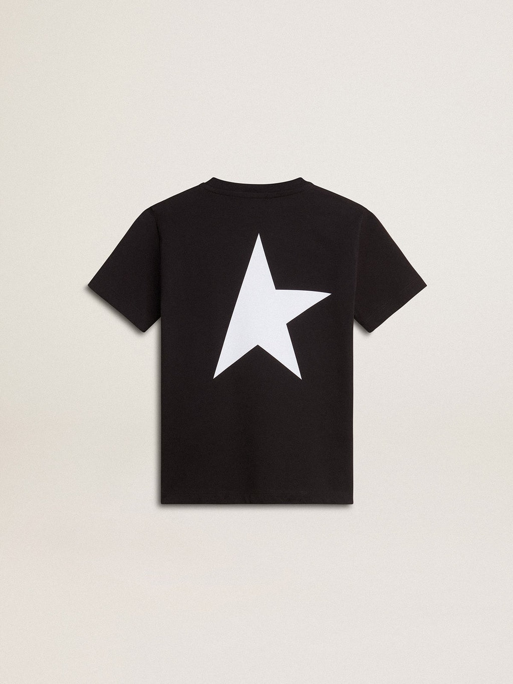 Black T-shirt with contrasting white logo on the front and maxi star on the back