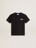 Black T-shirt with contrasting white logo on the front and maxi star on the back