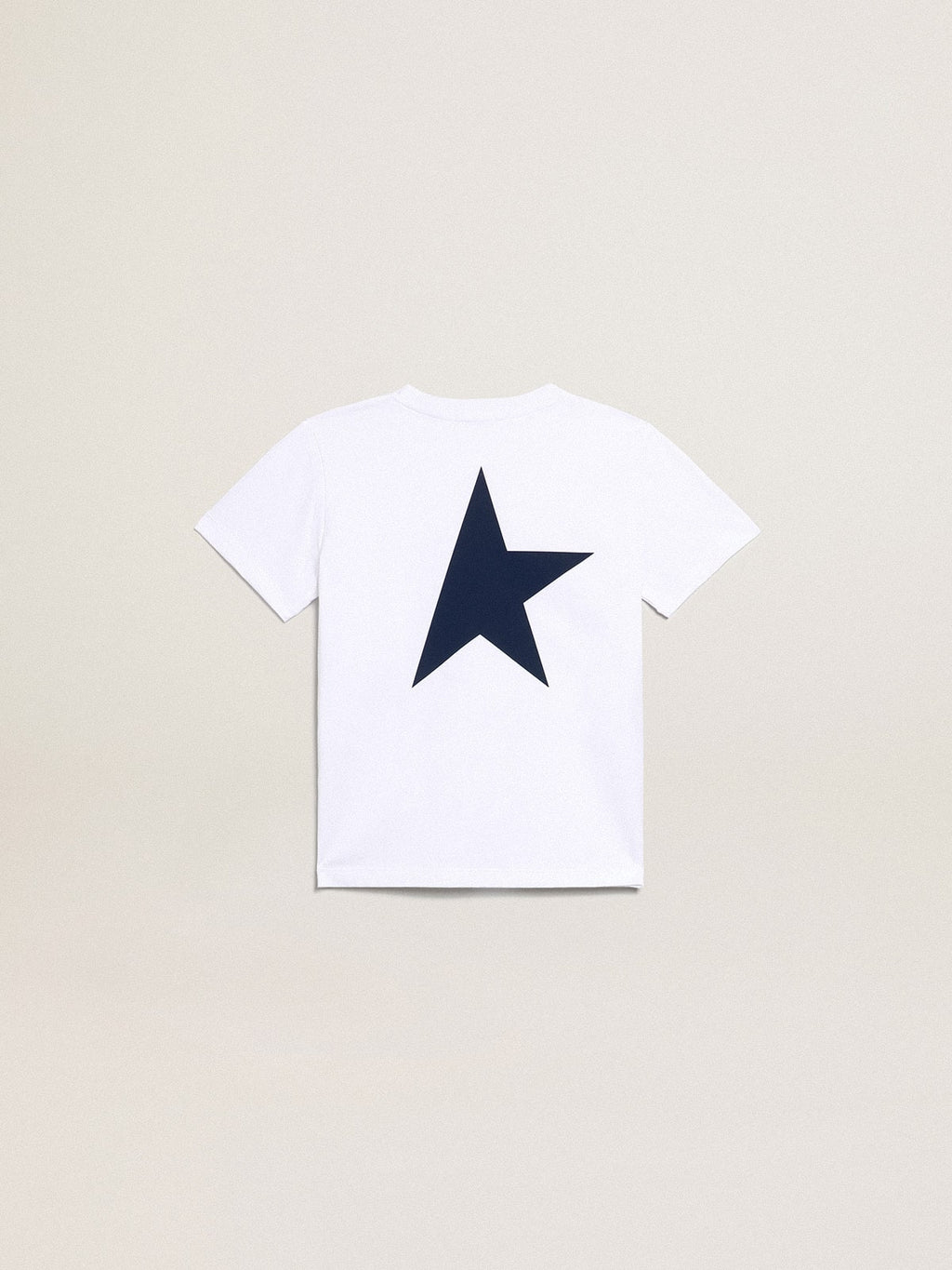 Boys’ white T-shirt with contrasting dark blue logo and star