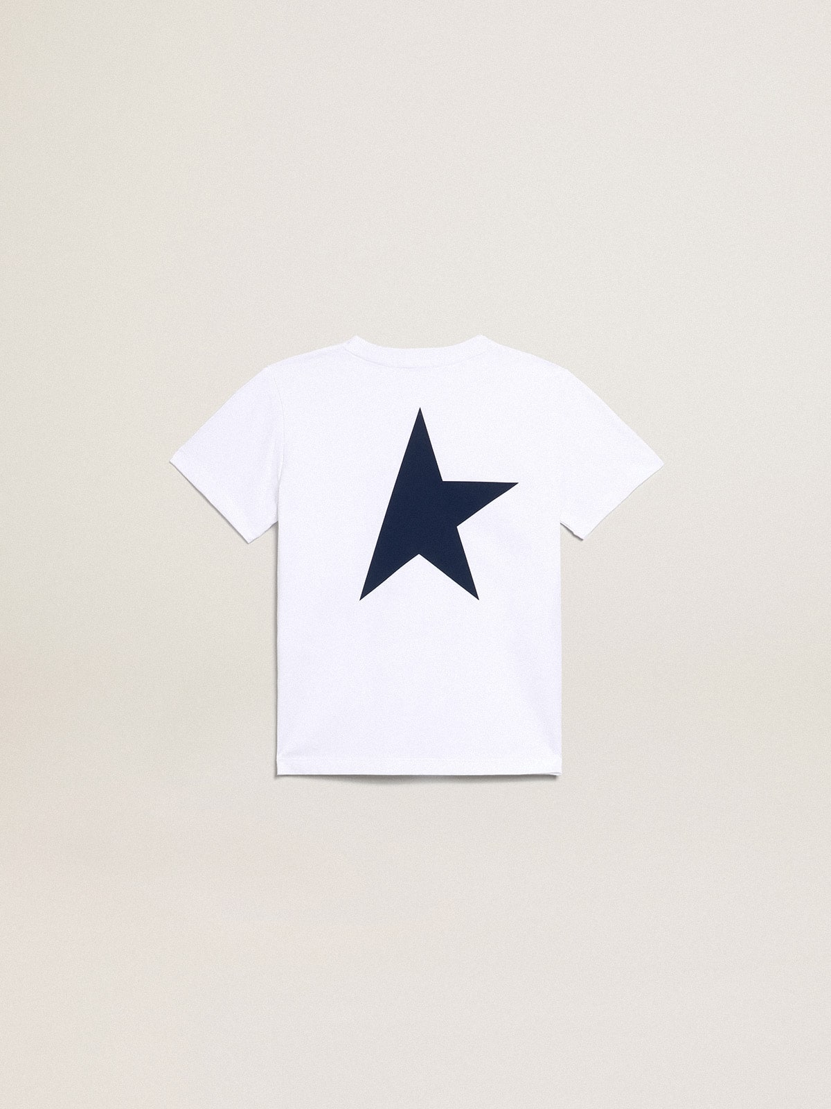 Boys’ white T-shirt with contrasting dark blue logo and star