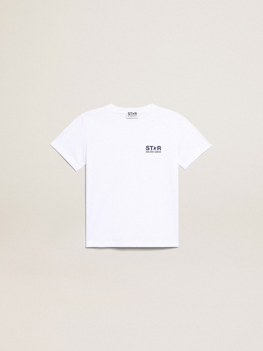 Boys’ white T-shirt with contrasting dark blue logo and star