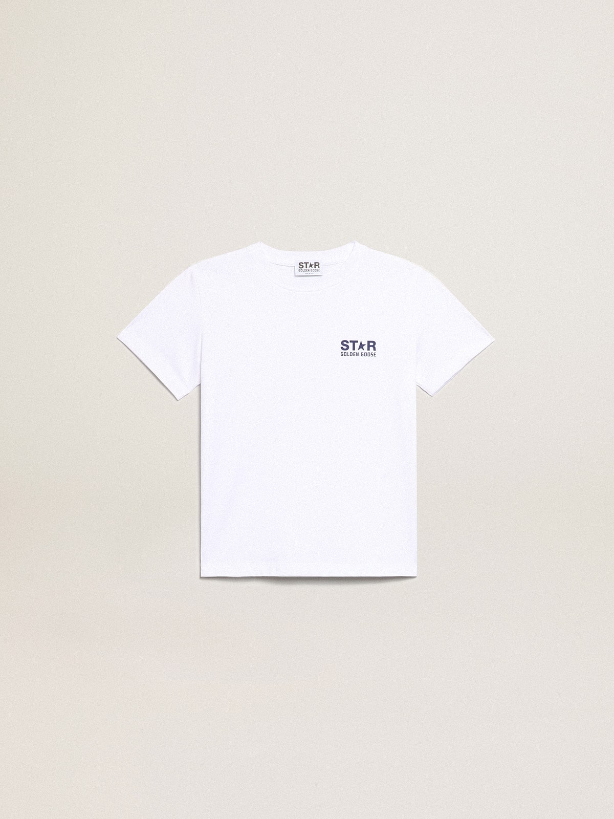 Boys’ white T-shirt with contrasting dark blue logo and star