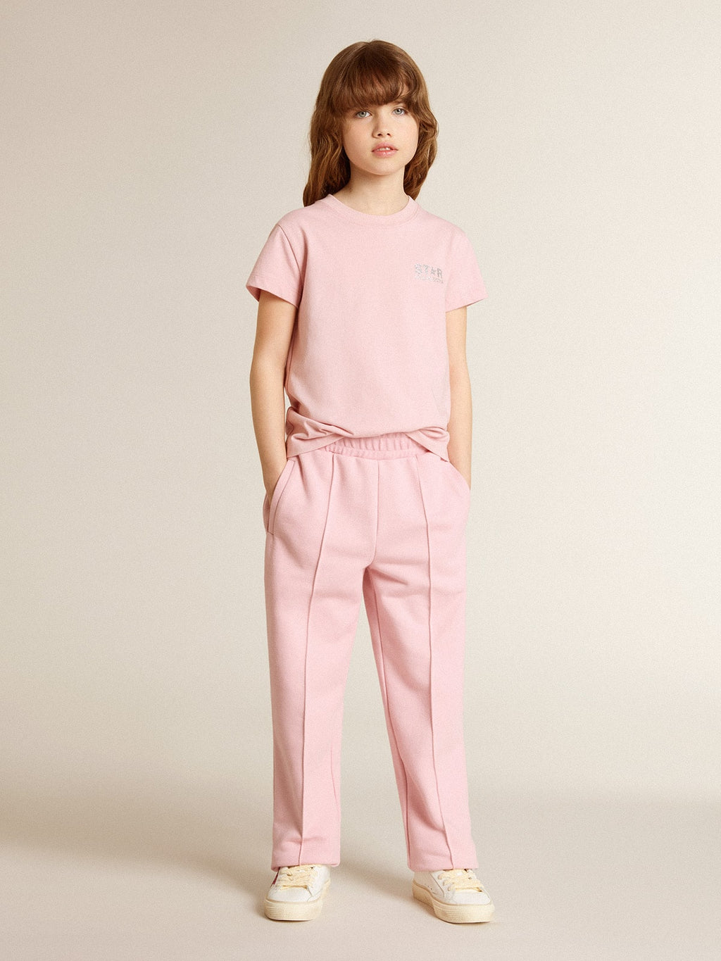 Girls' pink T-shirt with silver glitter logo and maxi star