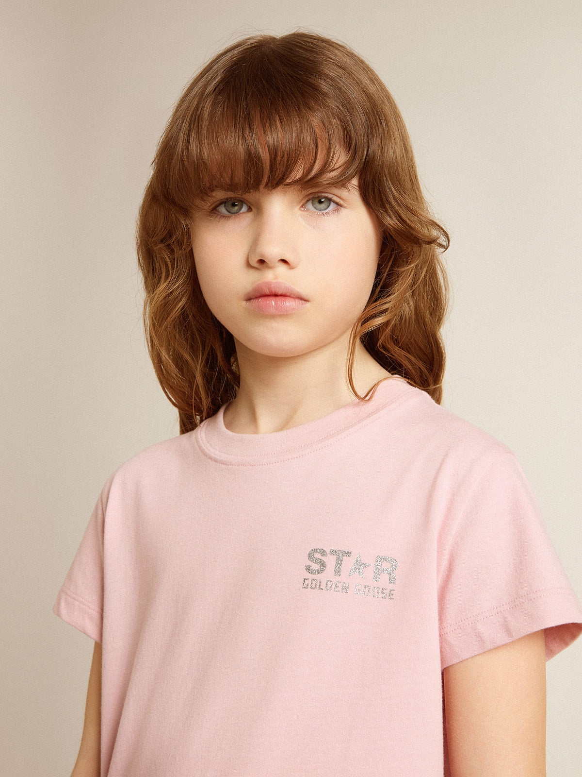 Girls' pink T-shirt with silver glitter logo and maxi star
