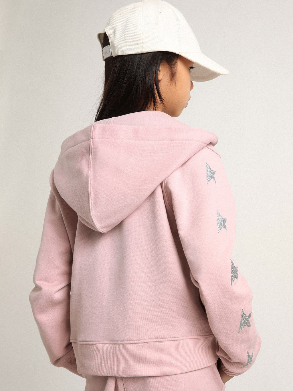 Pink sweatshirt with hood and silver glitter stars