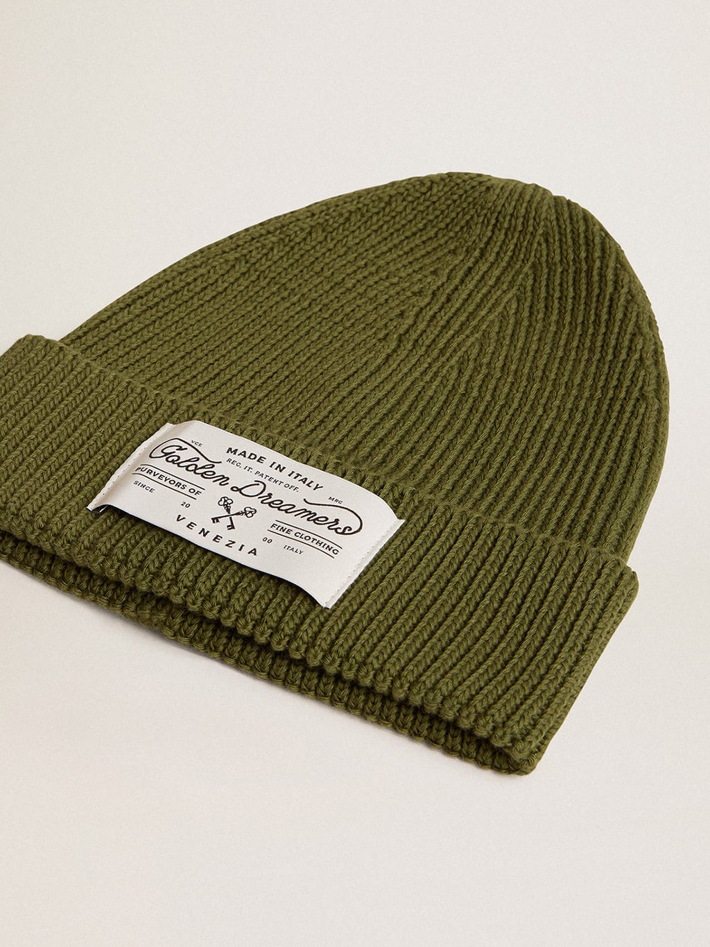 Military-green cotton beanie with appliqué label on the front