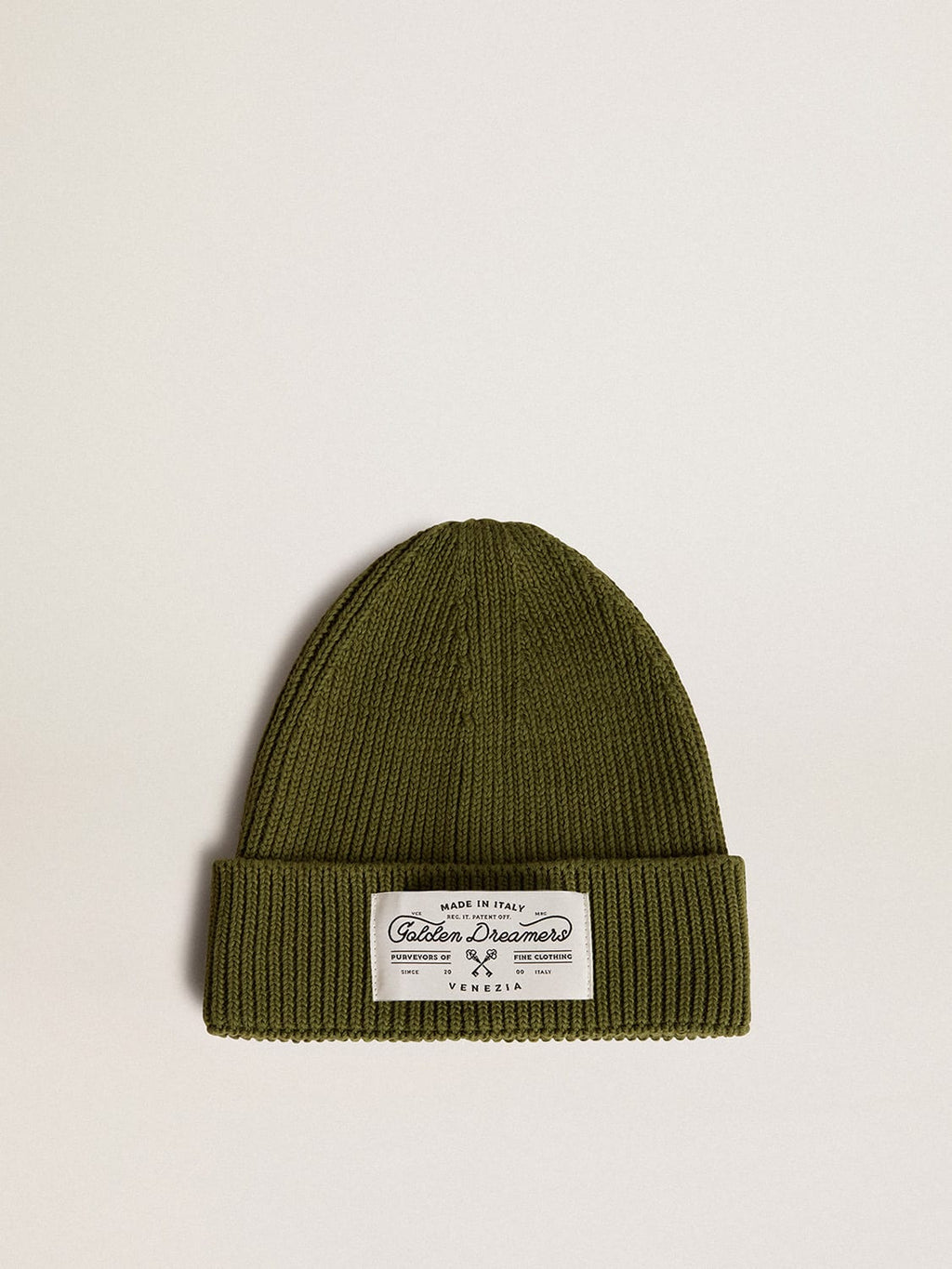 Military-green cotton beanie with appliqué label on the front