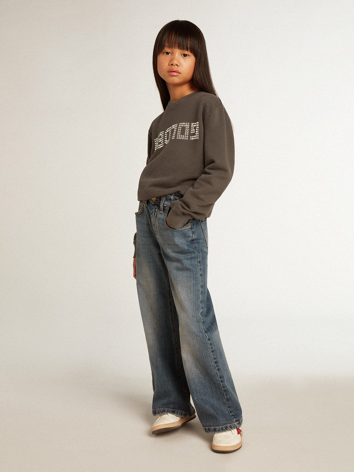 Distressed gray sweatshirt with crystal lettering