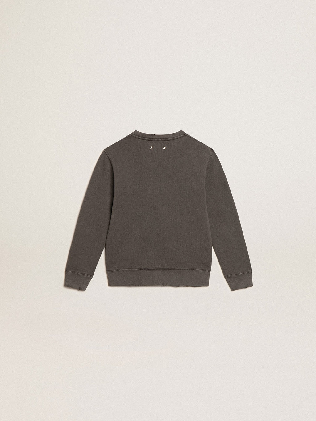Distressed gray sweatshirt with crystal lettering