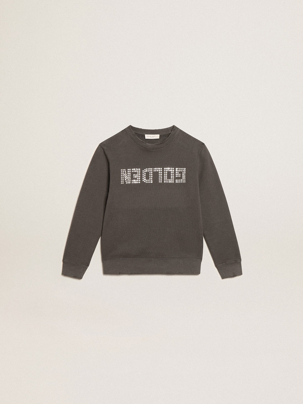 Distressed gray sweatshirt with crystal lettering