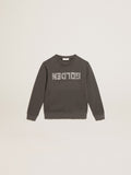 Distressed gray sweatshirt with crystal lettering
