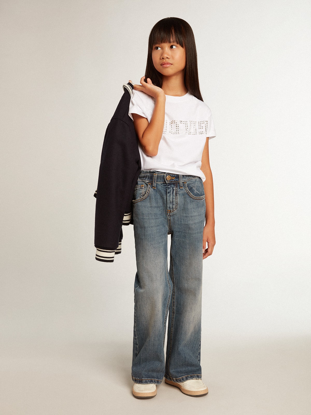 White T-shirt with central Golden lettering in crystals