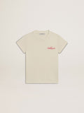 Girls' cotton T-shirt in worn white with red embroidery on the chest