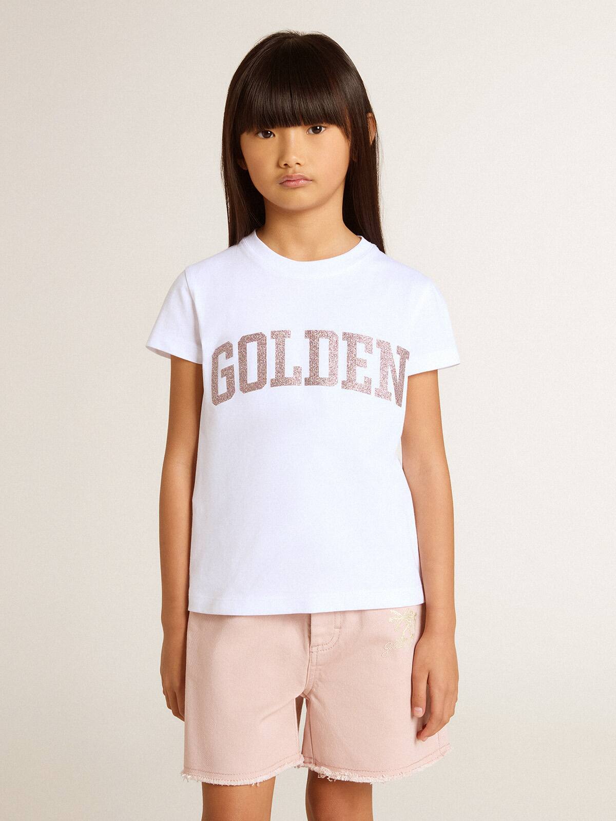 Girls' white T-shirt with pink glitter Golden lettering