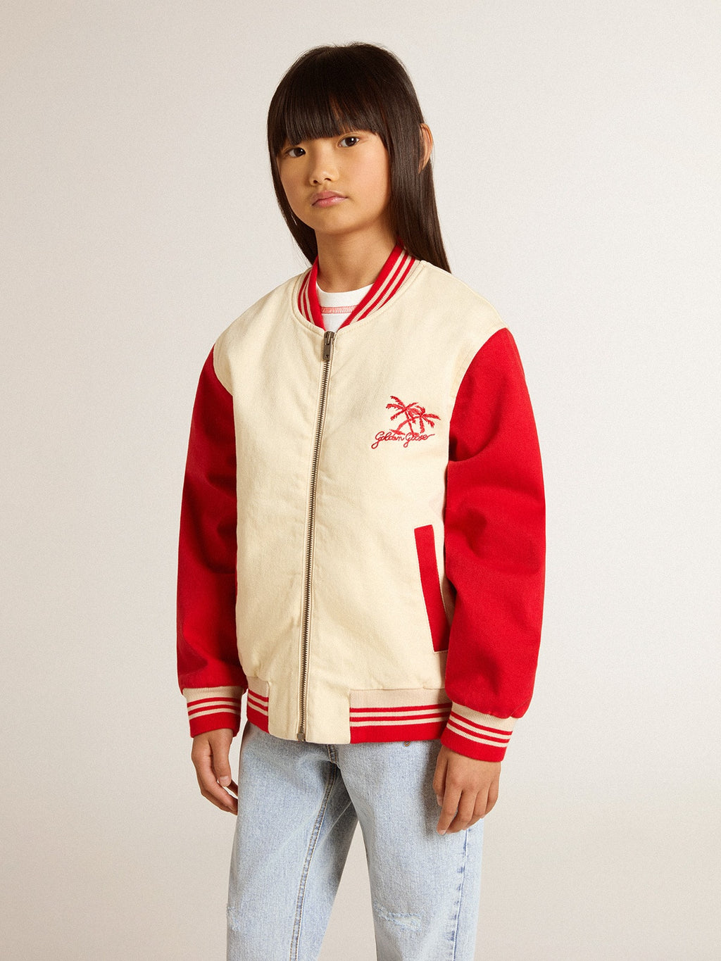 Kids' bomber jacket in beige and red cotton with embroidery on the chest