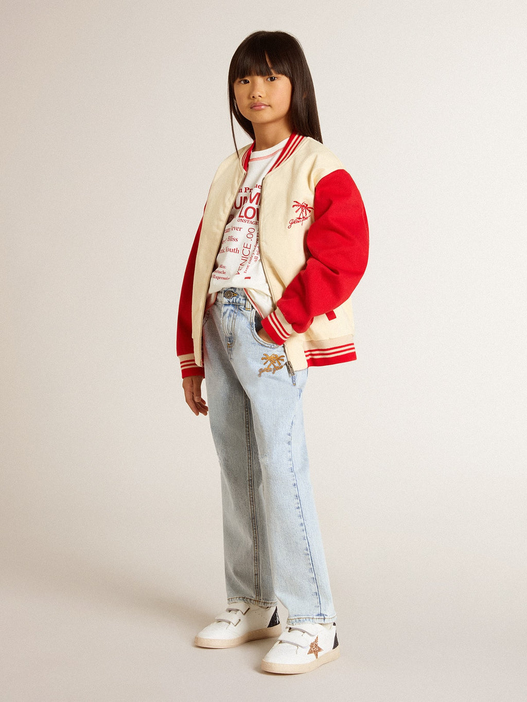 Kids' bomber jacket in beige and red cotton with embroidery on the chest