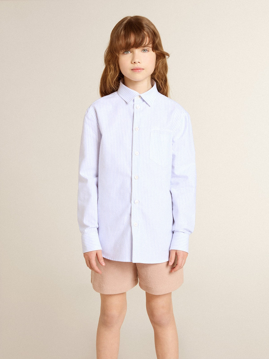 Girls’ striped shirt with embroidered lettering on the pocket