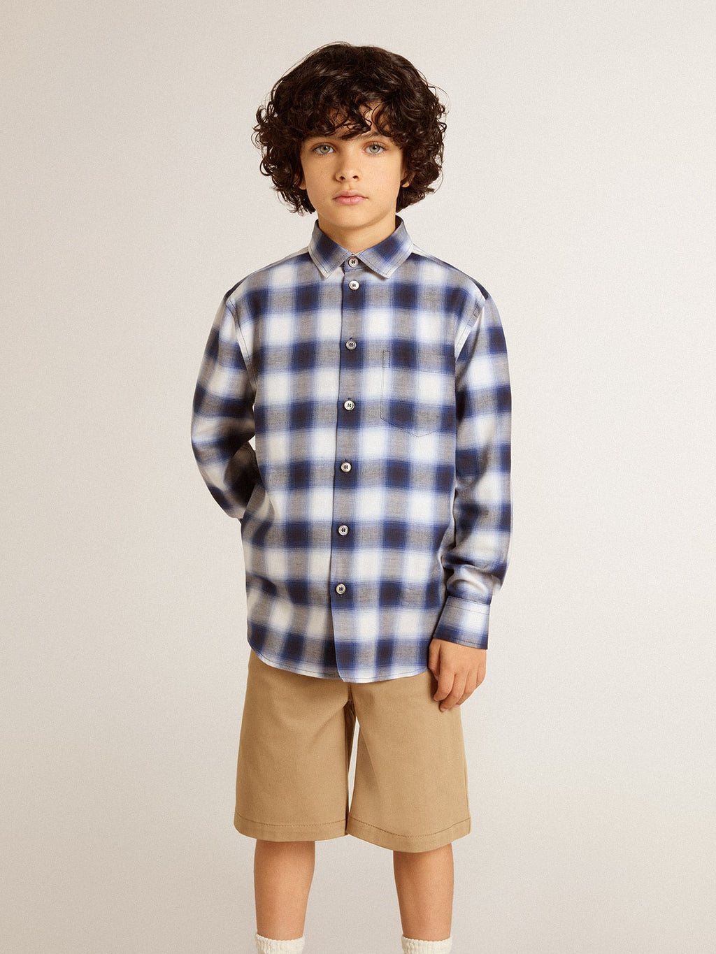 Boys' blue and white checked shirt with print on the back