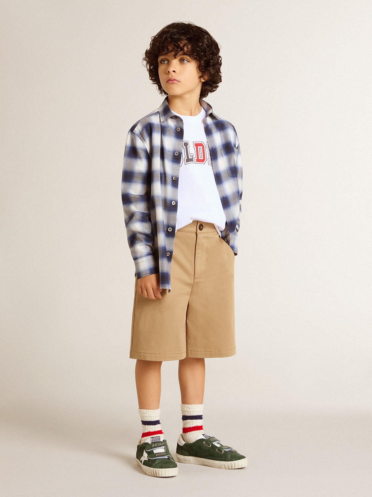 Boys' blue and white checked shirt with print on the back
