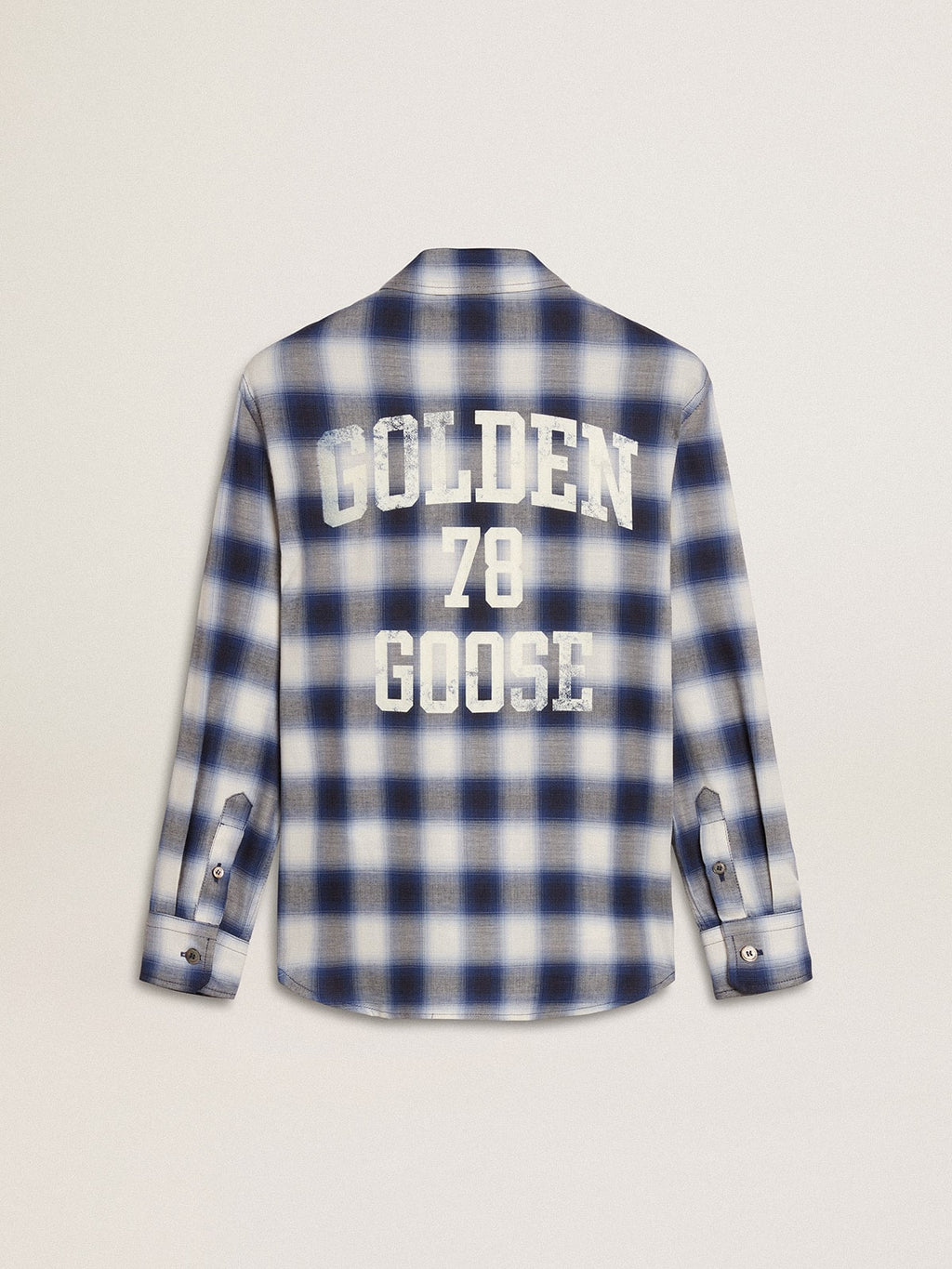 Boys' blue and white checked shirt with print on the back