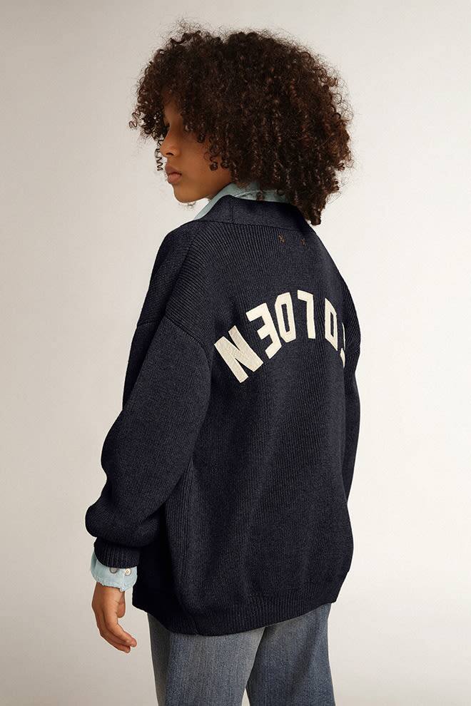 Dark blue cotton cardigan with logo on the back