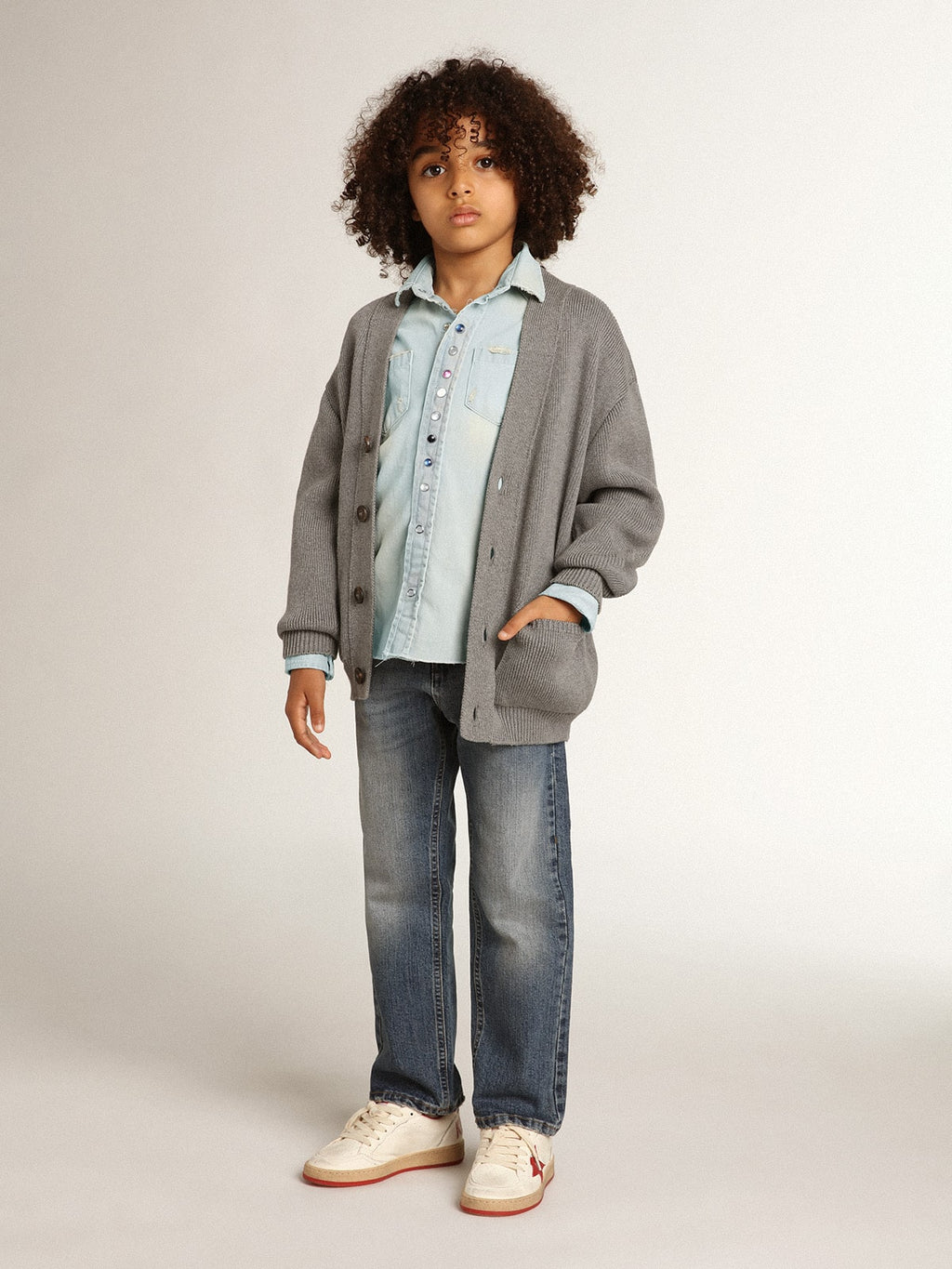 Gray cotton cardigan with logo on the back