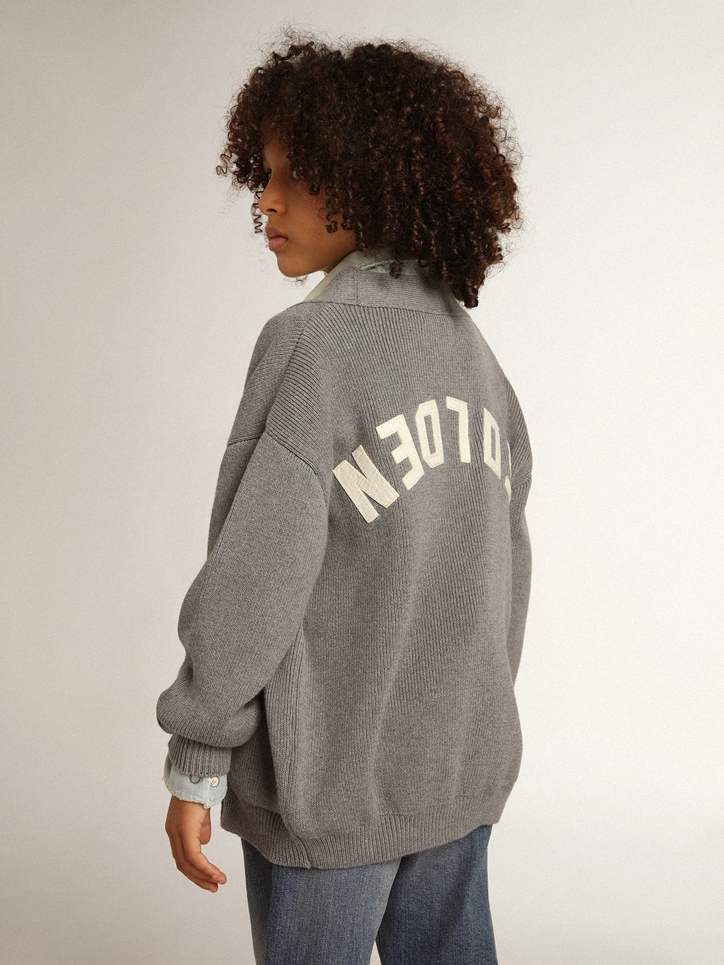 Gray cotton cardigan with logo on the back