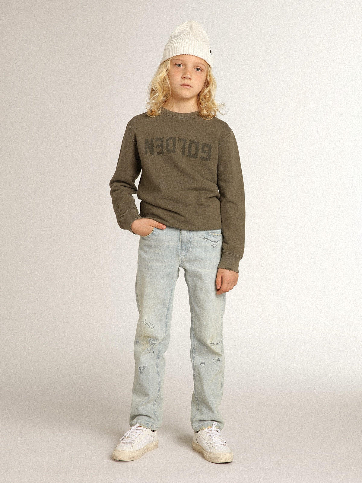 Distressed olive-green sweatshirt with Golden lettering on the front