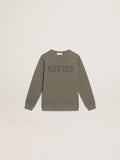 Distressed olive-green sweatshirt with Golden lettering on the front