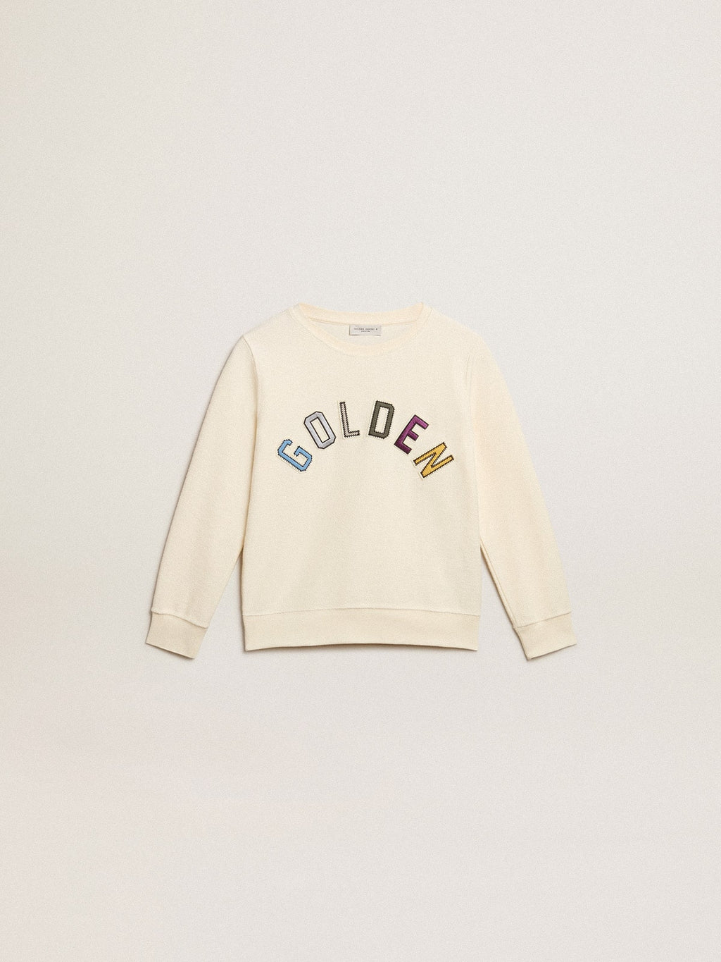 Sweatshirt in aged white with multicolor Golden lettering on the front