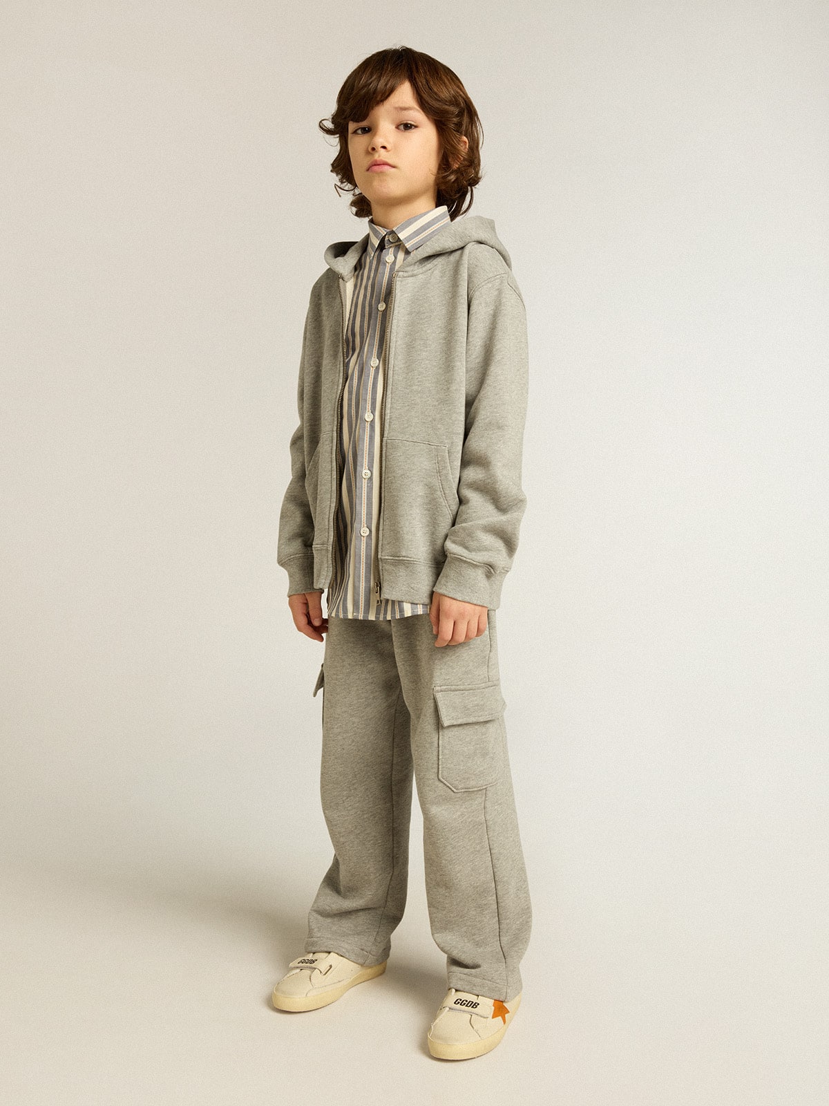 Gray melange hooded sweatshirt with print on the back