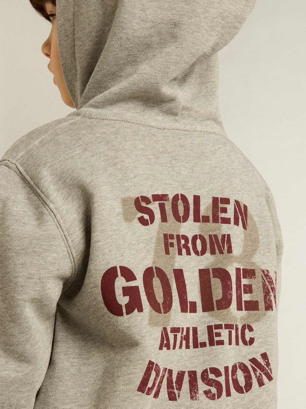 Gray melange hooded sweatshirt with print on the back