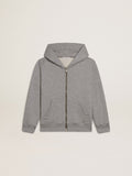 Gray melange hooded sweatshirt with print on the back
