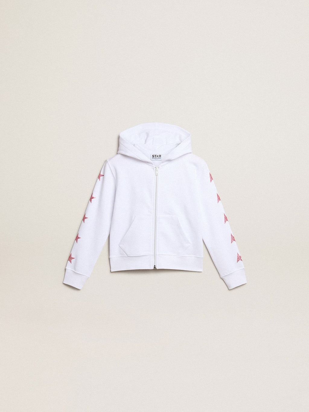 Girls’ zip-up sweatshirt in white with glitter stars on the sleeves