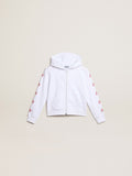 Girls’ zip-up sweatshirt in white with glitter stars on the sleeves