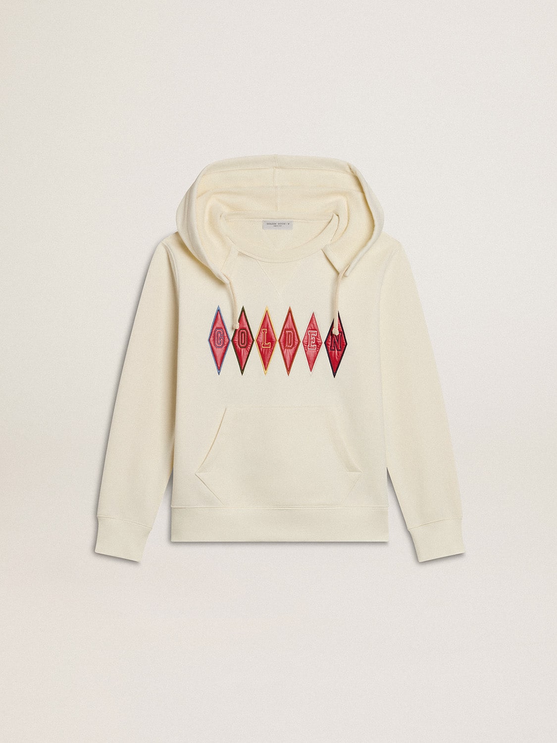 Hooded sweatshirt in worn white with Golden embroidery on the front