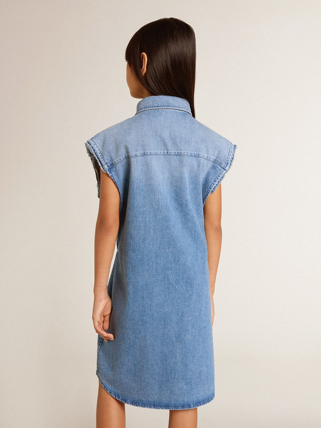 Girls' denim dress with front knot and embroidery