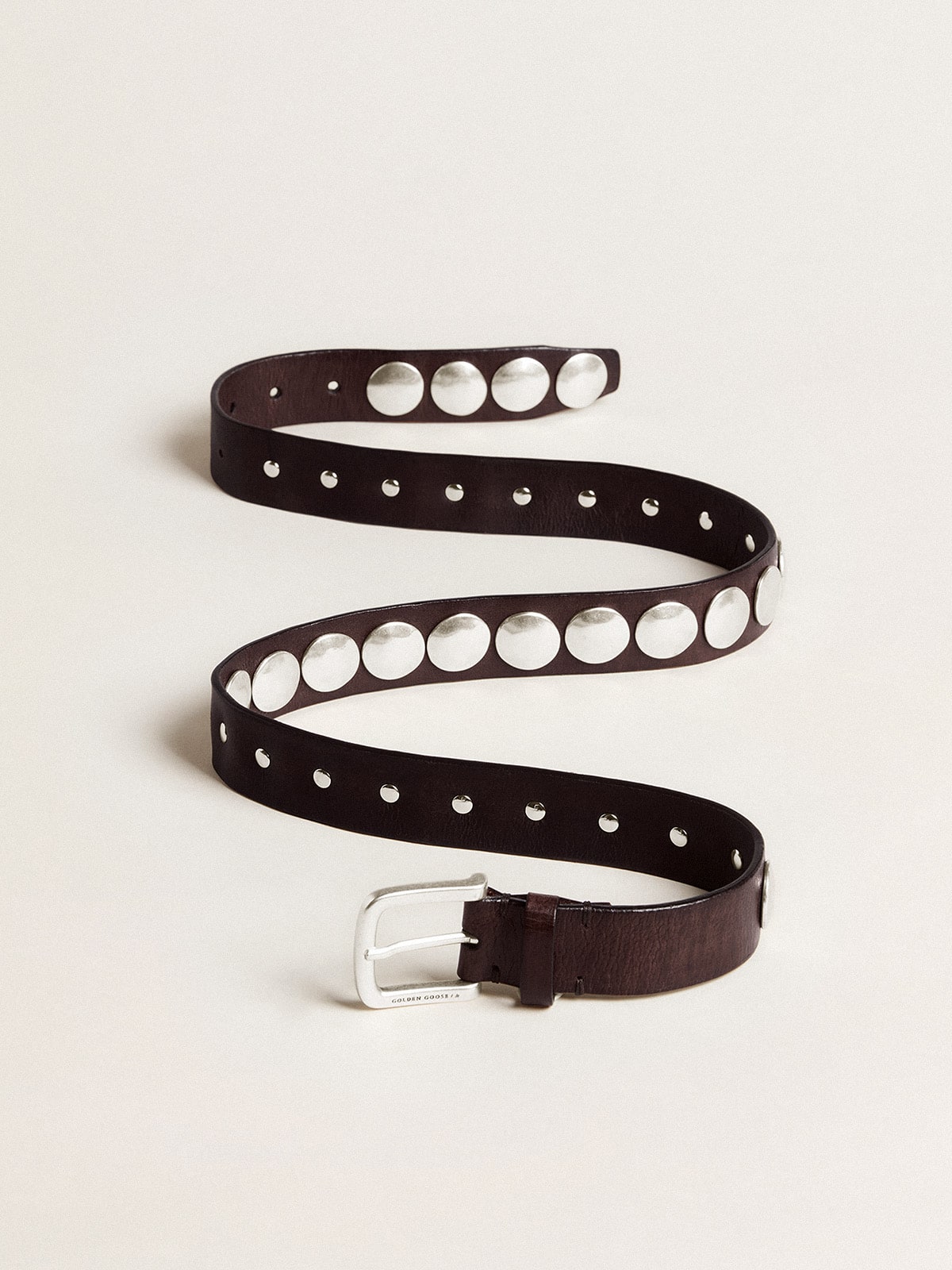 Trinidad belt in dark brown leather with silver maxi studs