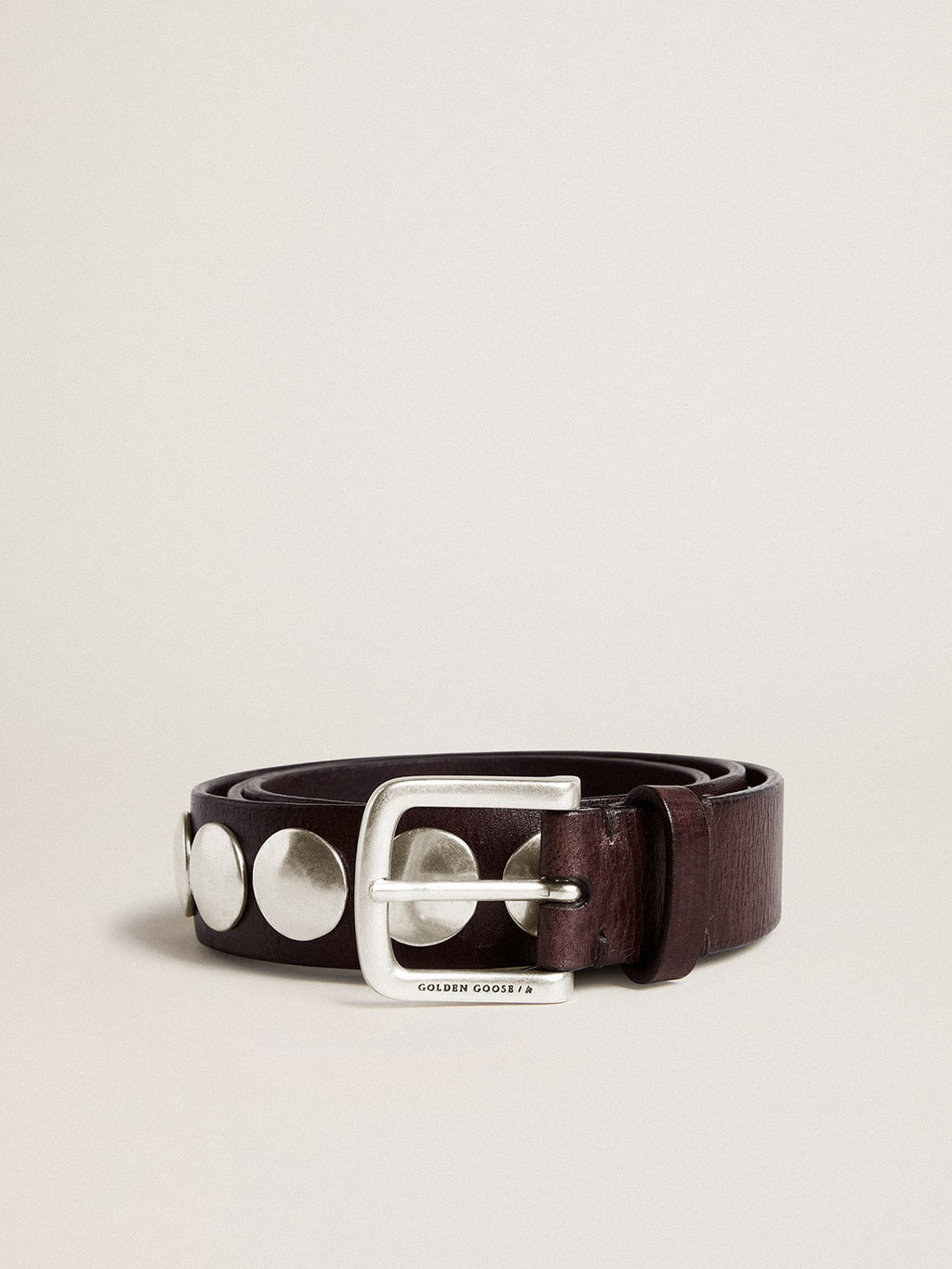 Trinidad belt in dark brown leather with silver maxi studs